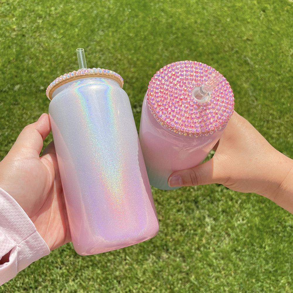 Bling Lid rainbow shimmer gradient glitter glass beer Can 16oz Sublimation Soda Can Shaped Glass with Bamboo Lid and PP Straw