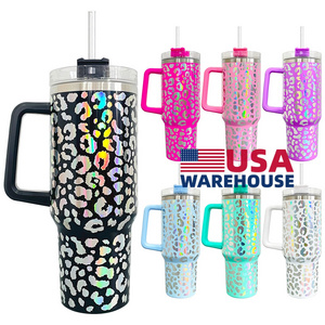 USA wholesale bulk Leopard handled 40oz tumbler quencher leopard Double Wall Coffee Cups double wall holographic leopard tumbler