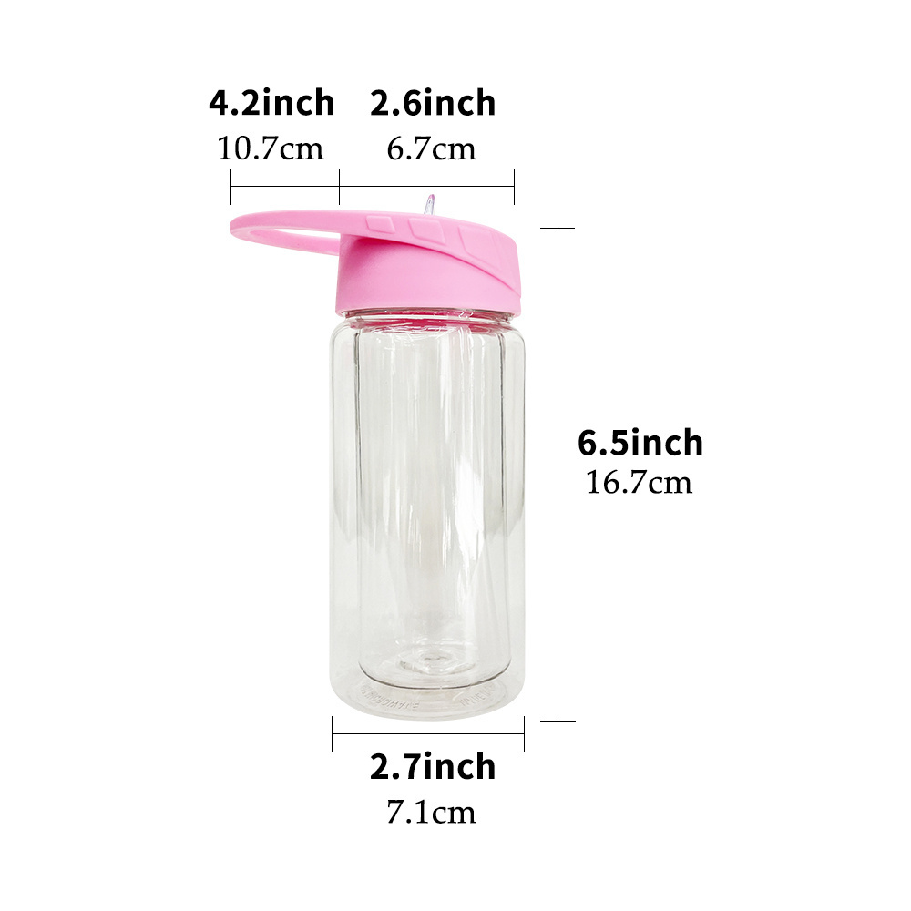 New RTS BPA free pre drilled 10oz 15oz double wall PET plastic snow globe kids sport water bottle cups tumblers with colored lid