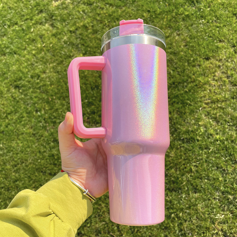 Shiny Under Sunshine Holographic Shimmer Glitter Sublimation 40oz Tumbler With Handle Travel Coffee Mug 40 oz Tumbler