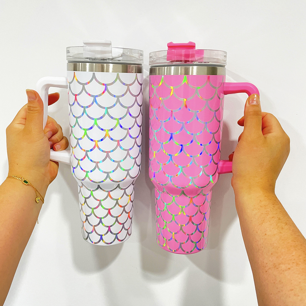 mermaid tail 40oz shinny white purple pink green rosy quencher tumbler holographic fish scales print travel mug with straw