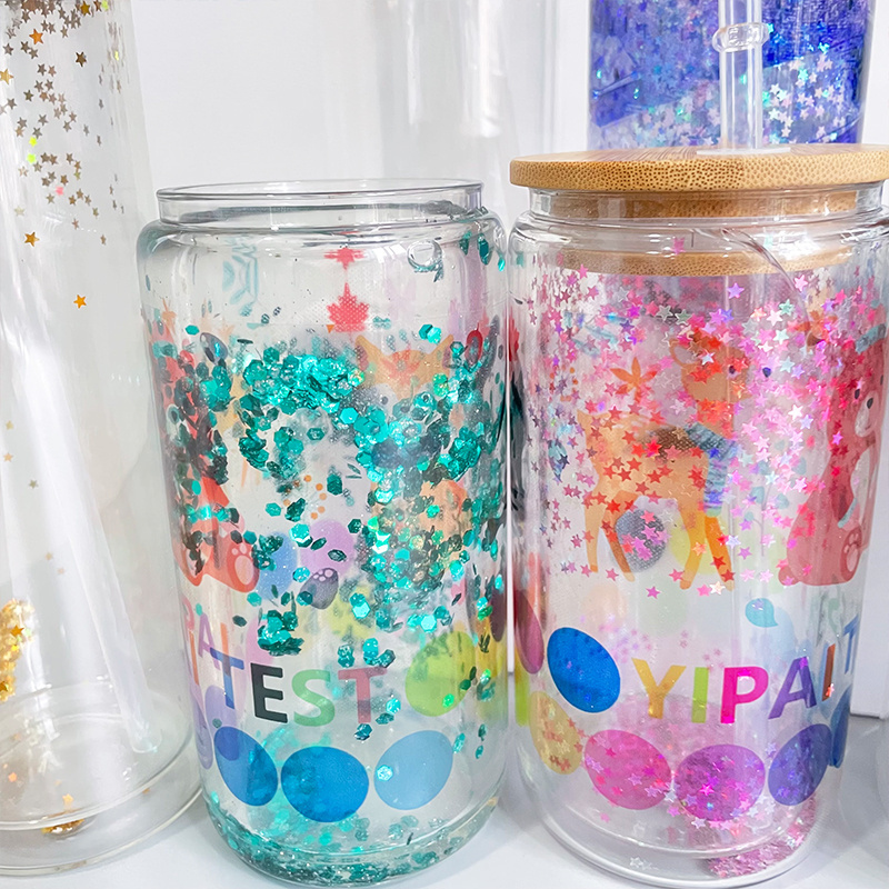 USA Warehouse 12oz Snow Globe Sublimation Tumbler Reusable Snow Globe Mugs Double Walled Transparent Glass for Rhinestone