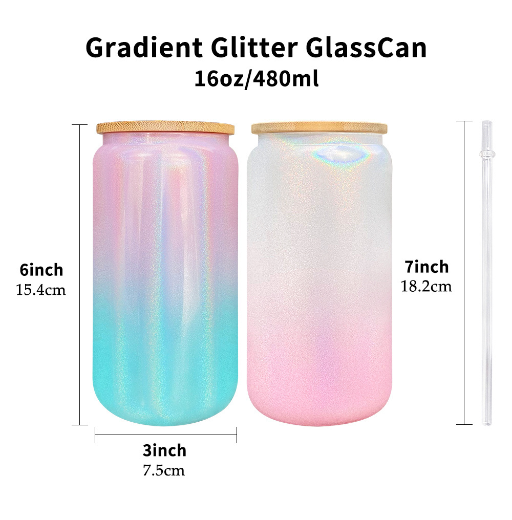 Bling Lid rainbow shimmer gradient glitter glass beer Can 16oz Sublimation Soda Can Shaped Glass with Bamboo Lid and PP Straw