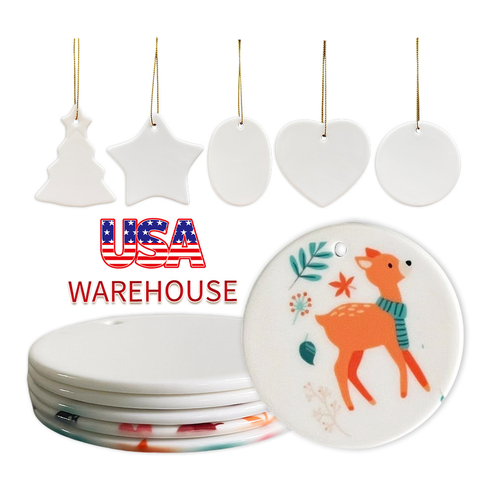 Wholesale Sublimation Custom Christmas Tree Bauble Gift Pendant Round Ornament Blanks Sublimation Circle Heart Ceramic Ornaments