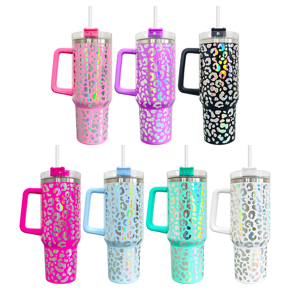 Vacuum Insulated Vinyl Wrap Decal holographic leopard print  double walled stainless Steel 40oz tumbler Travel Coffee Mug