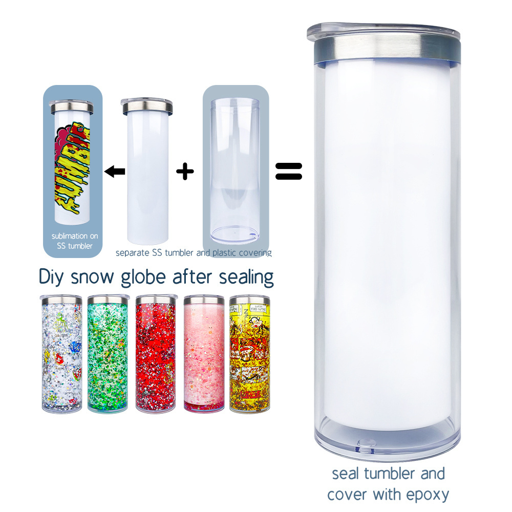 USA Warehouse 20oz DIY Glitter Snow Globe 304 Stainless Steel White Sublimation Blanks Storyboard Tumbler for Customized Gifts