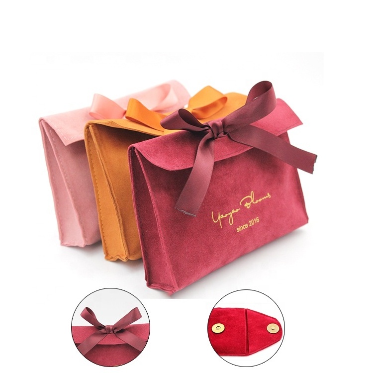 Luxury design Custom logo printed mini envelope flap velvet perfume pouches suede jewelry bag with bow-knot