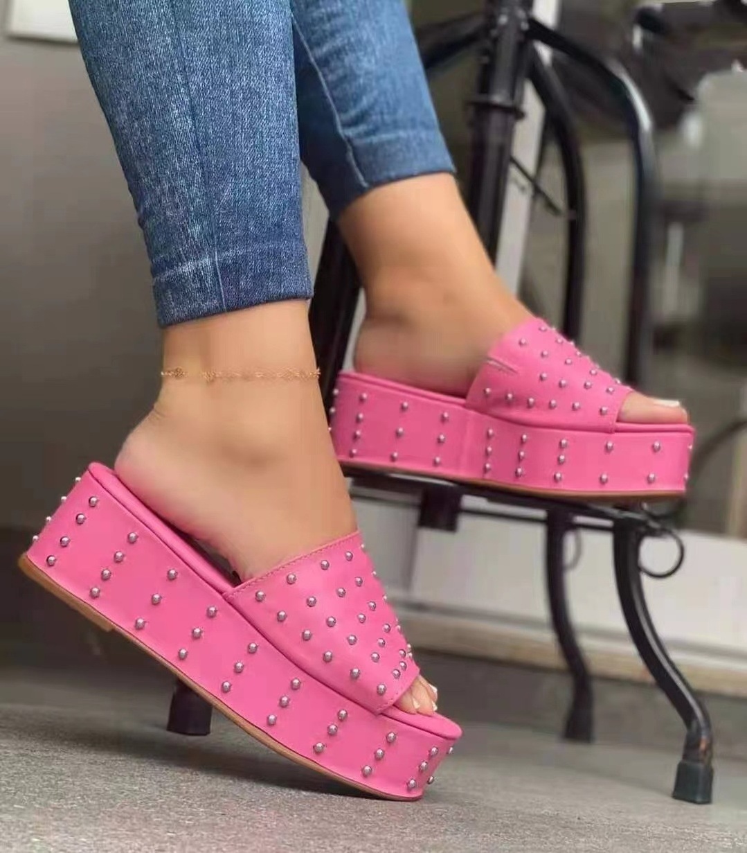 platform high heeled sandals Hot Pink Studded To Perfection Platforms chunky heeled sandals