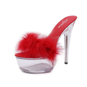 fur sex 15cm high heel sandals 4.5cm waterproof platform transparent crystal Wedding Shoes Banquet High Heels