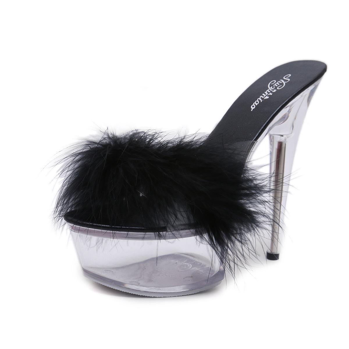 fur sex 15cm high heel sandals 4.5cm waterproof platform transparent crystal Wedding Shoes Banquet High Heels