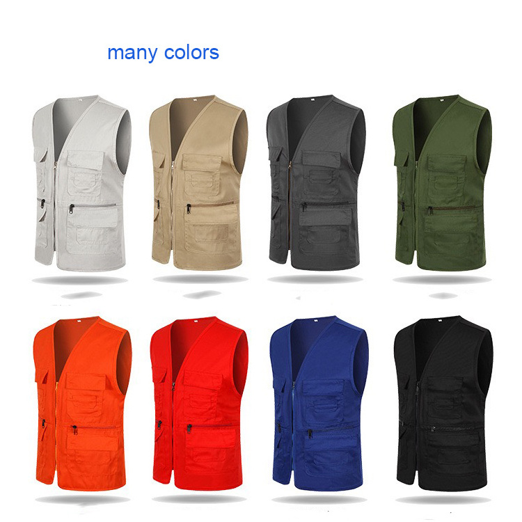 Outdoor Casual Fishing Multi Pockets V Neck Cargo Mens Poly Cotton  Work Volunteer Vest