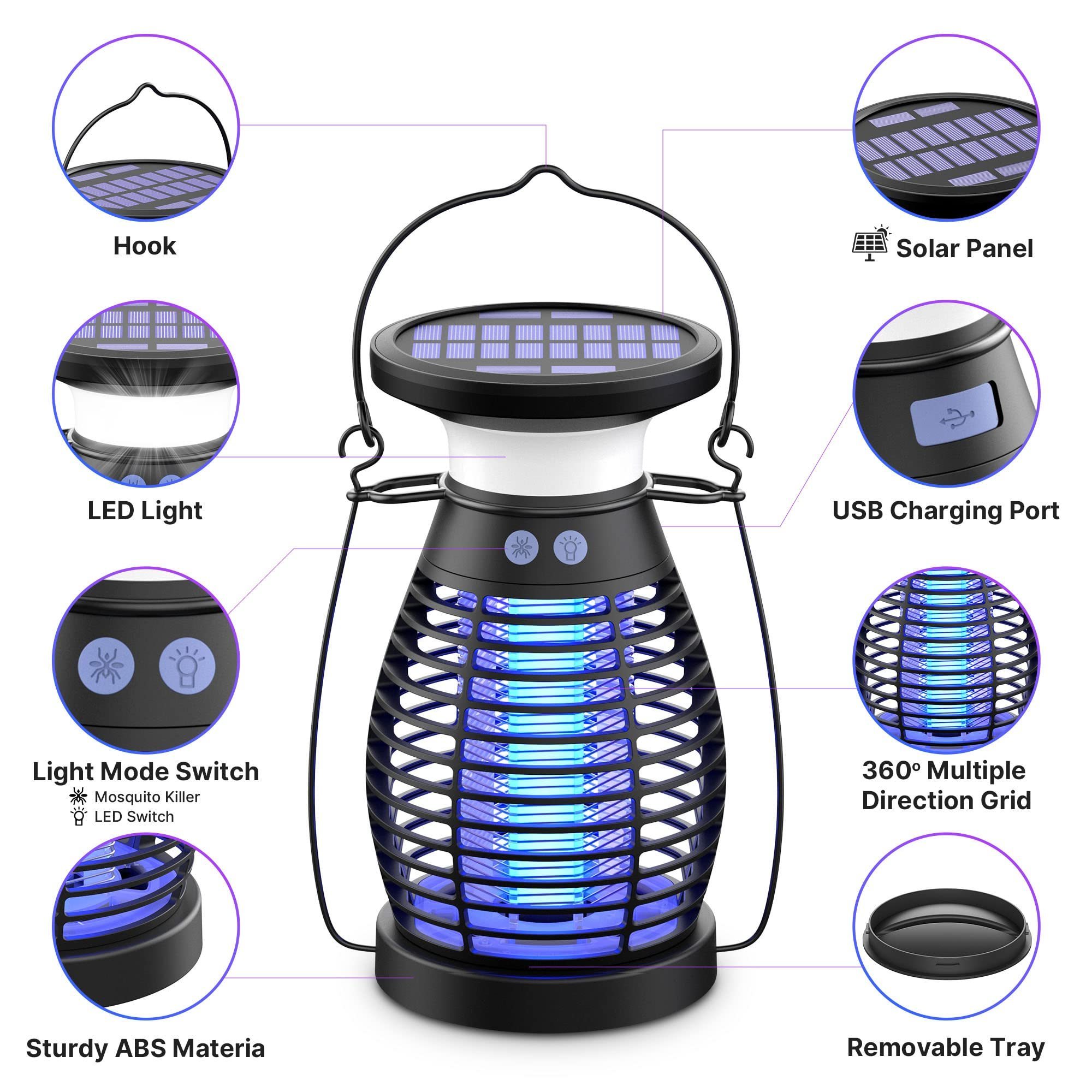 2023  UV LED Light Trapper Solar Bug Zapper Outdoor Electric Mosquito Killer Lamp For Home Patio Backyard Kitchen Camping