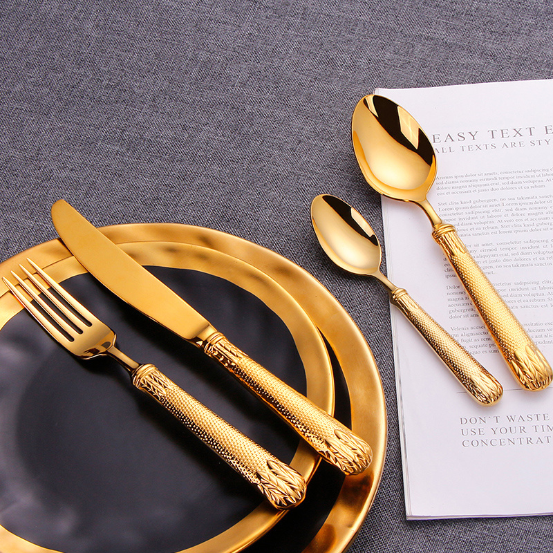 Wholesale hand forged knife fork spoon flatware 18/10 stainless steel thick handle silverware gold cutlery set for wedding