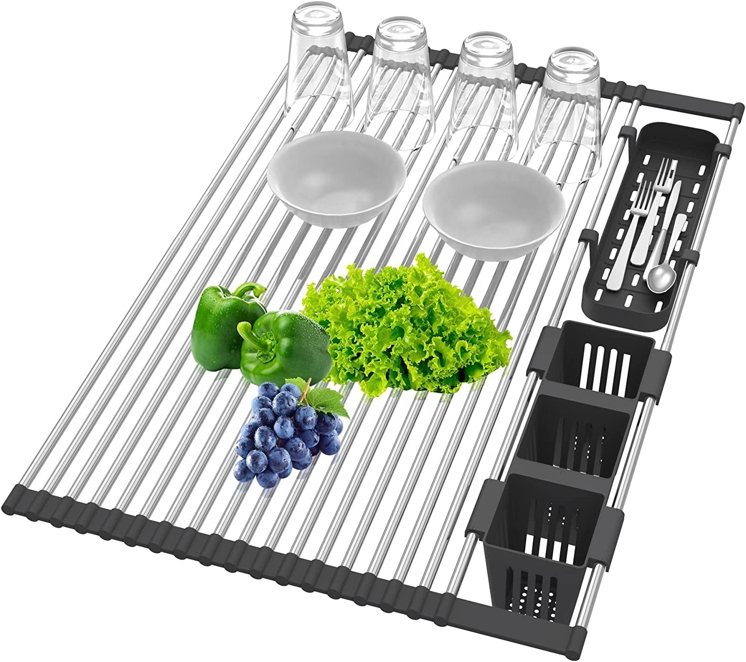 Silicone Coated Dish Drainer Roll up Dish Drying Rack Heat-resistant Anti-slip Kitchen Stainless Steel Customized Foldable