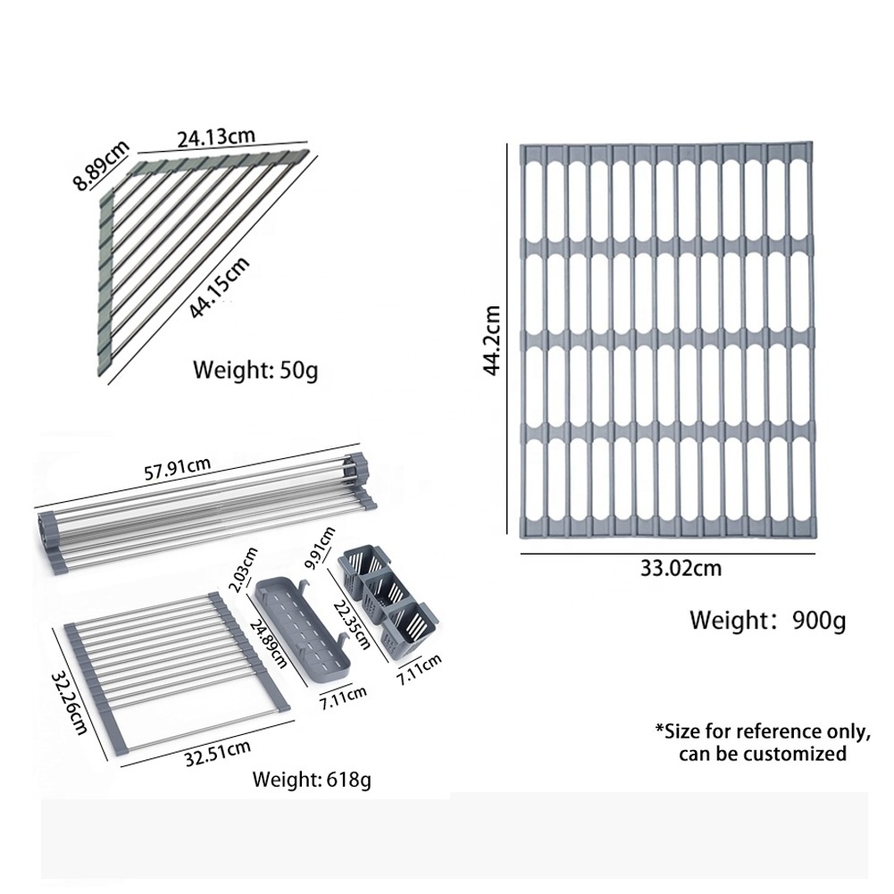 Silicone Coated Dish Drainer Roll up Dish Drying Rack Heat-resistant Anti-slip Kitchen Stainless Steel Customized Foldable