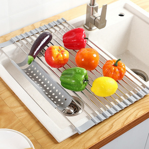 Silicone Drain Basket Organizador Drainer Folding Dish Drying Sink Rack Stainless Steel Kitchen Roll up Silicone Foldable Clean