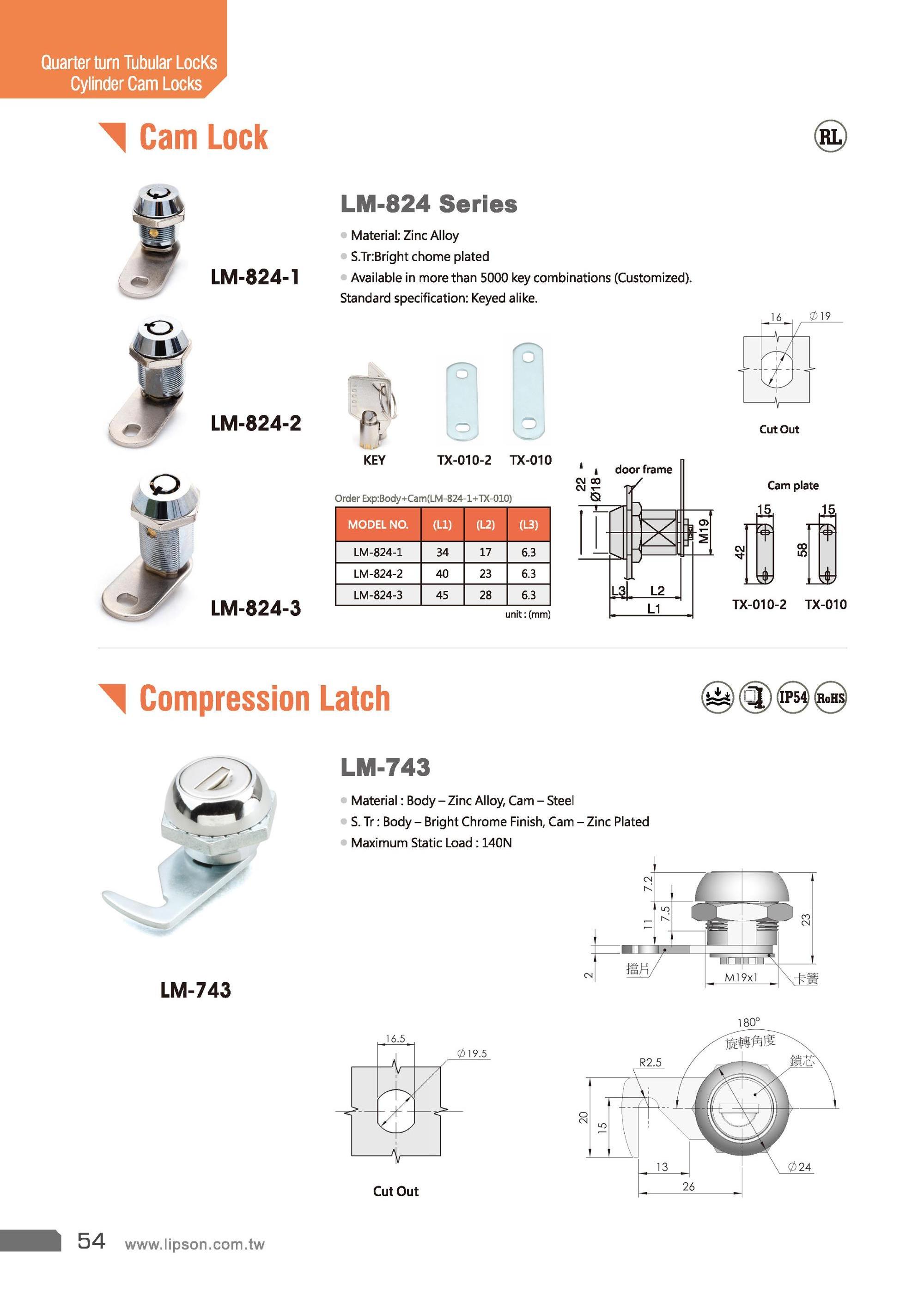 LM-824-2 game machine locker Tubular tool cabinet cam lock master key