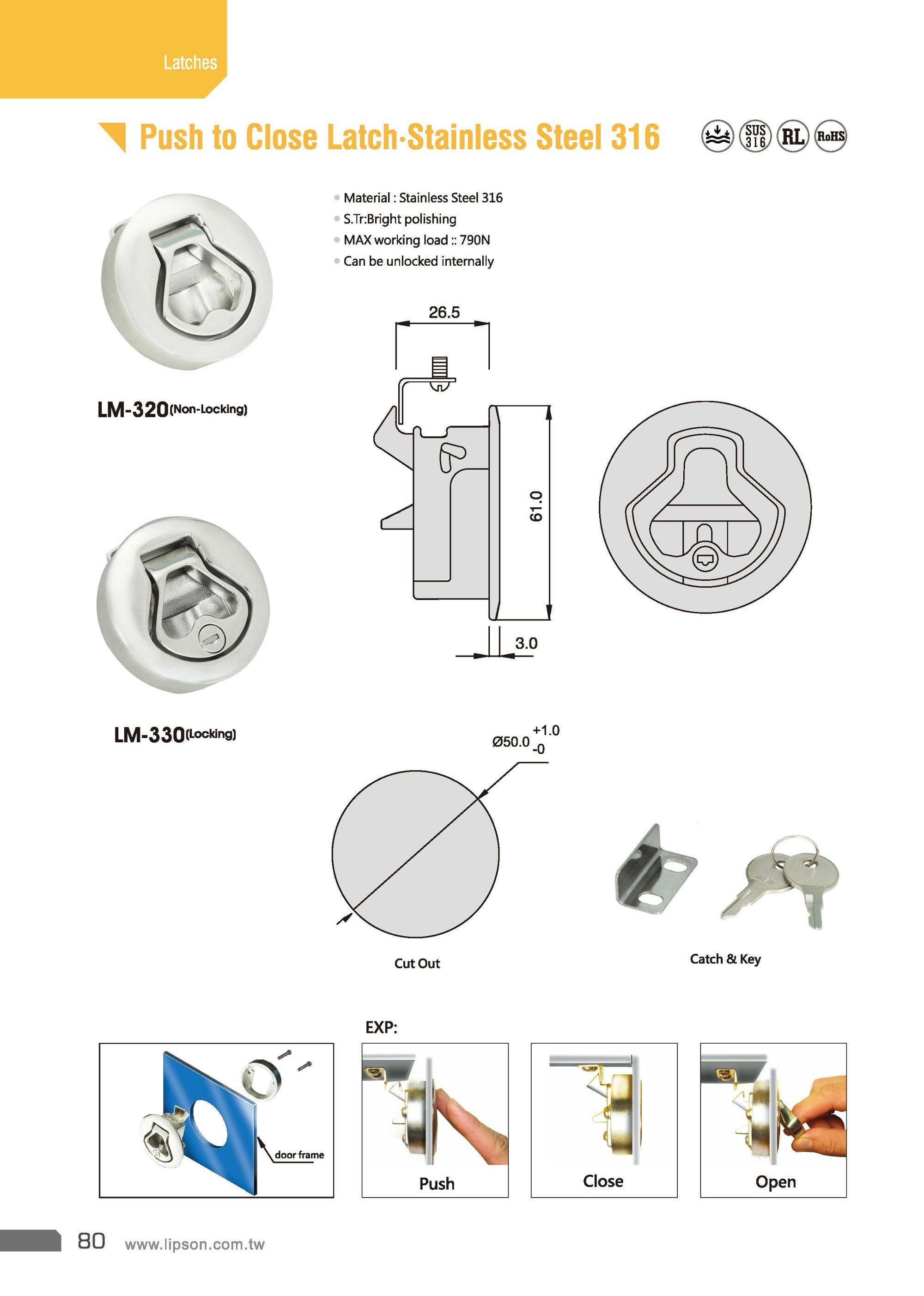 LM-330 50mm round hole  Stainless Steel Boat Marine Door Cabinet Hatch Latches Flush Lift Southco M1 Finger Pull Slam Latch