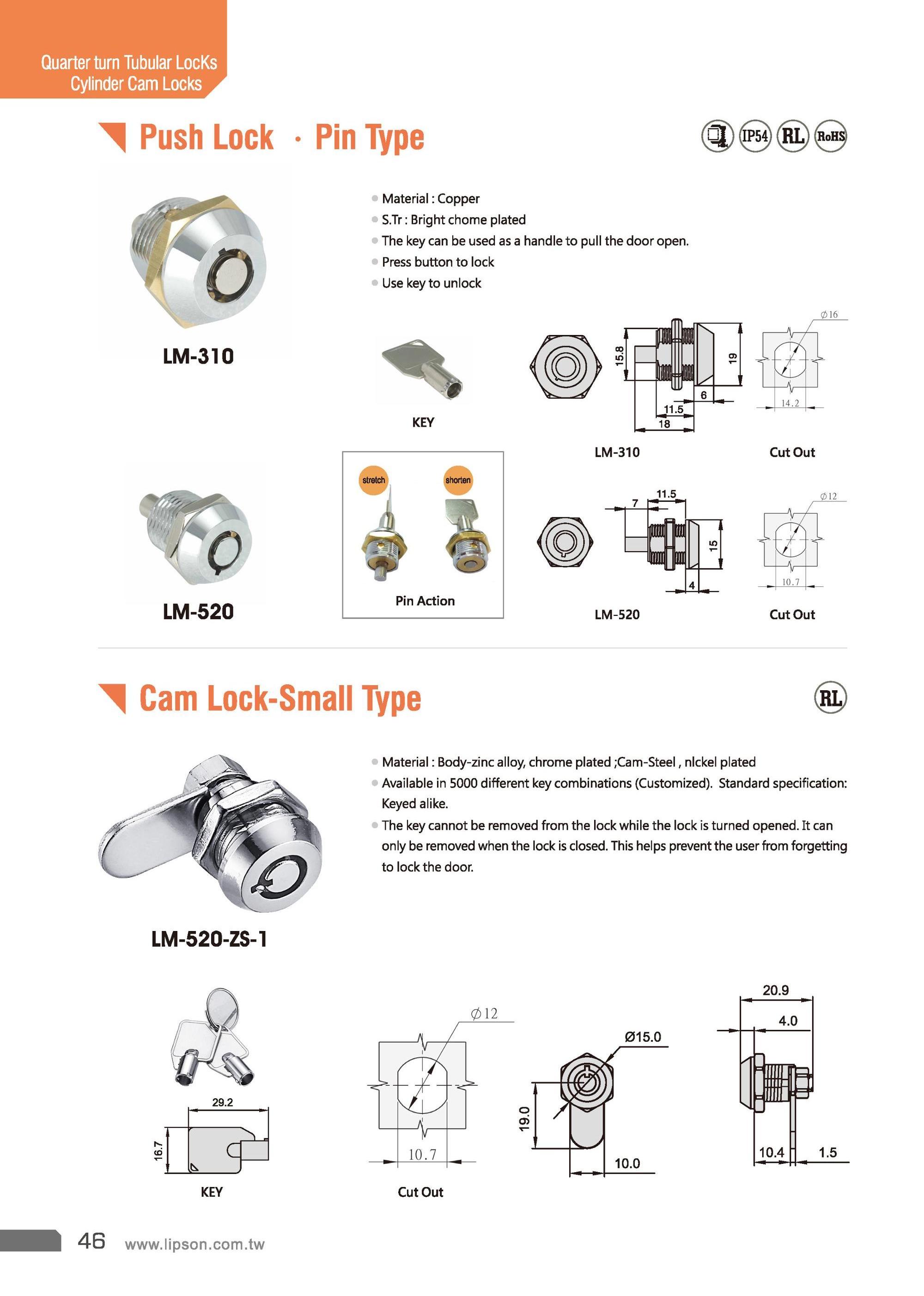 Lipson LM-520 12mm Push plunger box cabinet tubular key cam small key lock