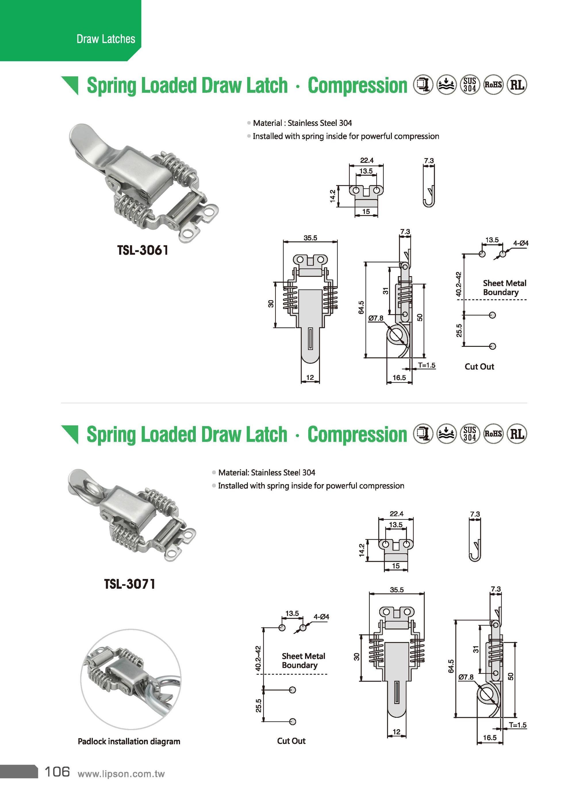 TSL-3071 Padlockable Compression Clamp Locking Case Over Center Clip Stainless Steel Spring Loaded Door Tension Toggle Latch