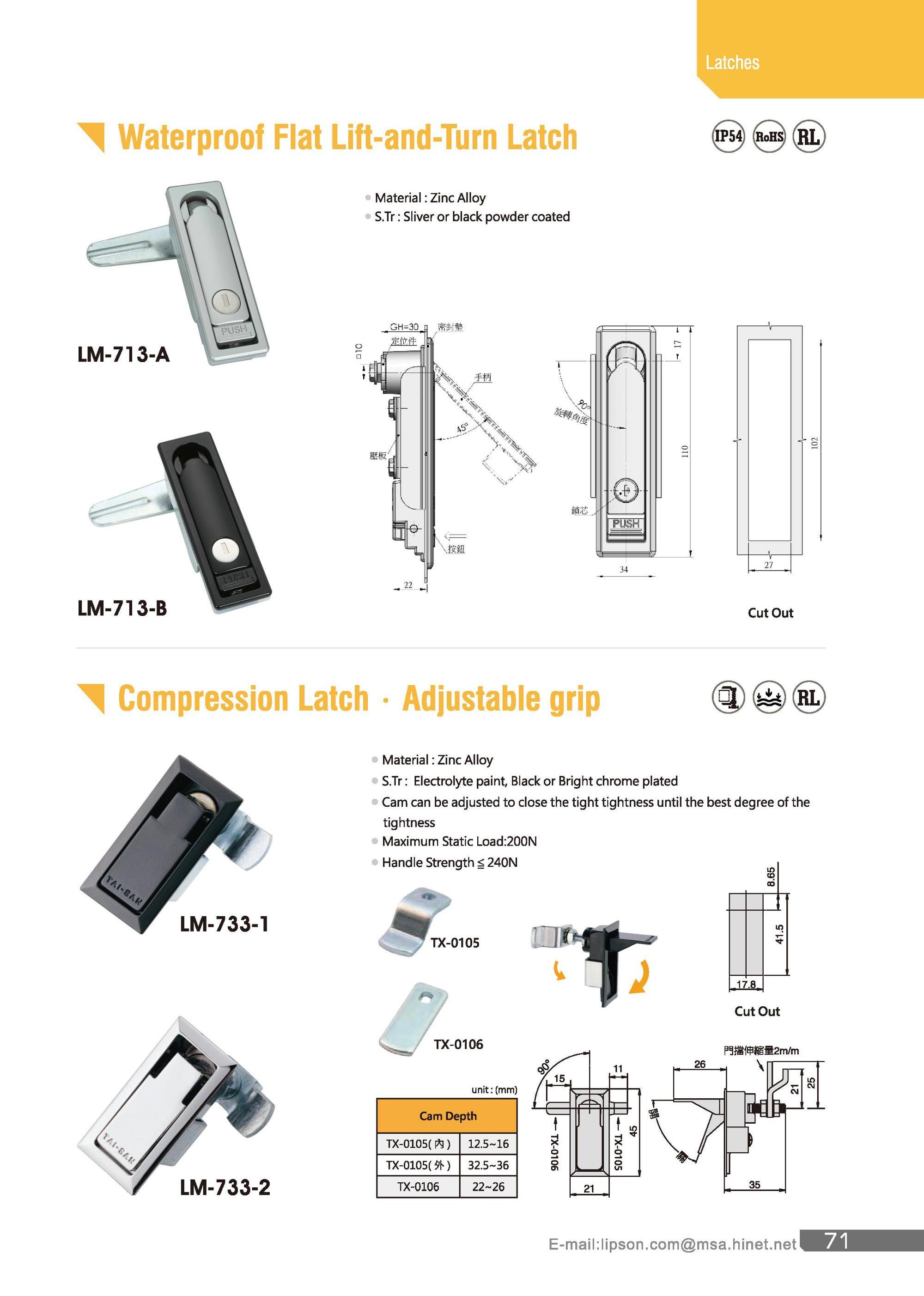 LM-733-1 Cabinet Panel Electrical Lift And Turn Latch Adjustable Grip Flush Key Control Door Compression Lock