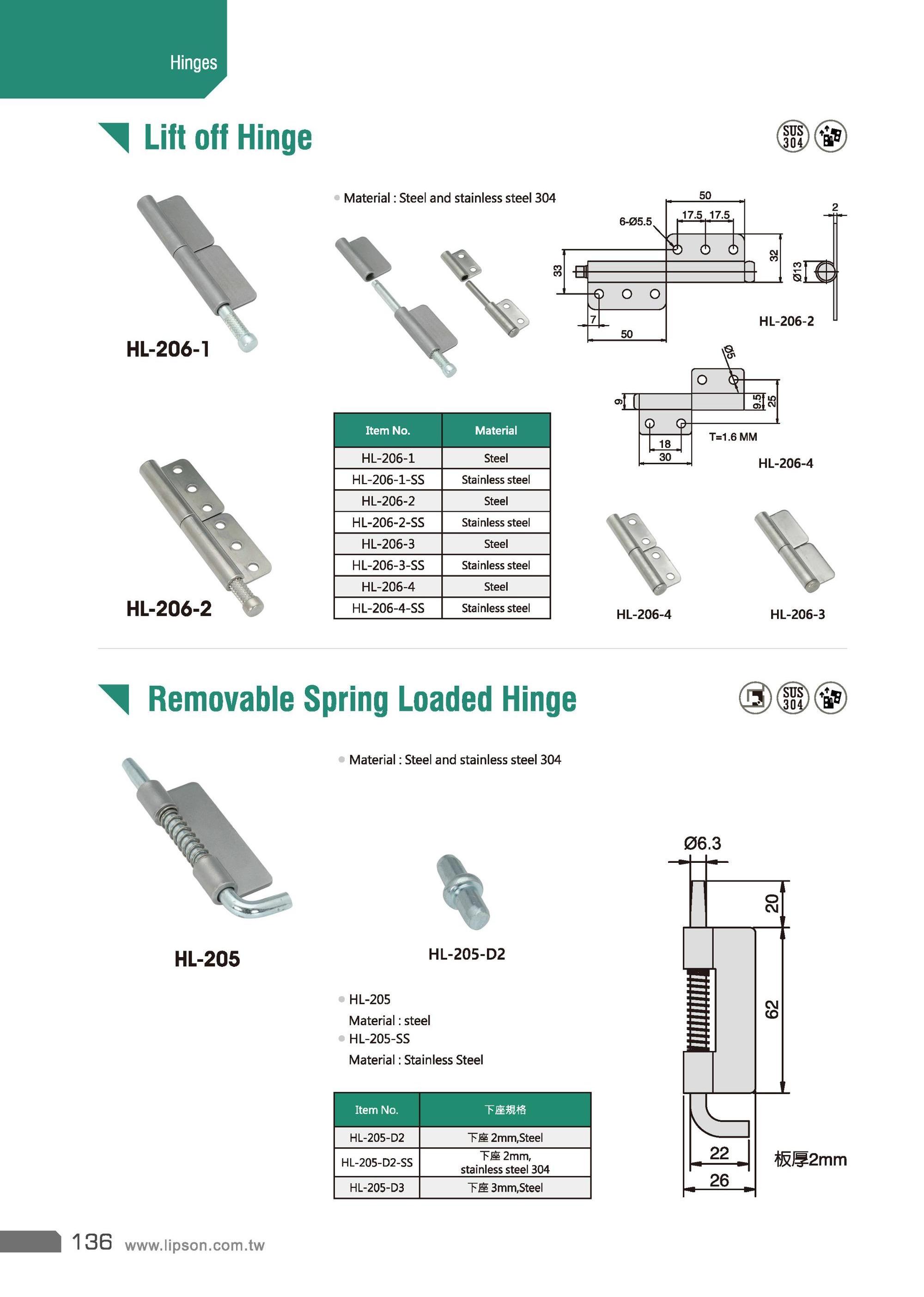 HL-205-ST Industrial Flag Electrical Cabinet Door Lift Off Pin Loose Offset Detachable Removable Spring Loaded Hinge