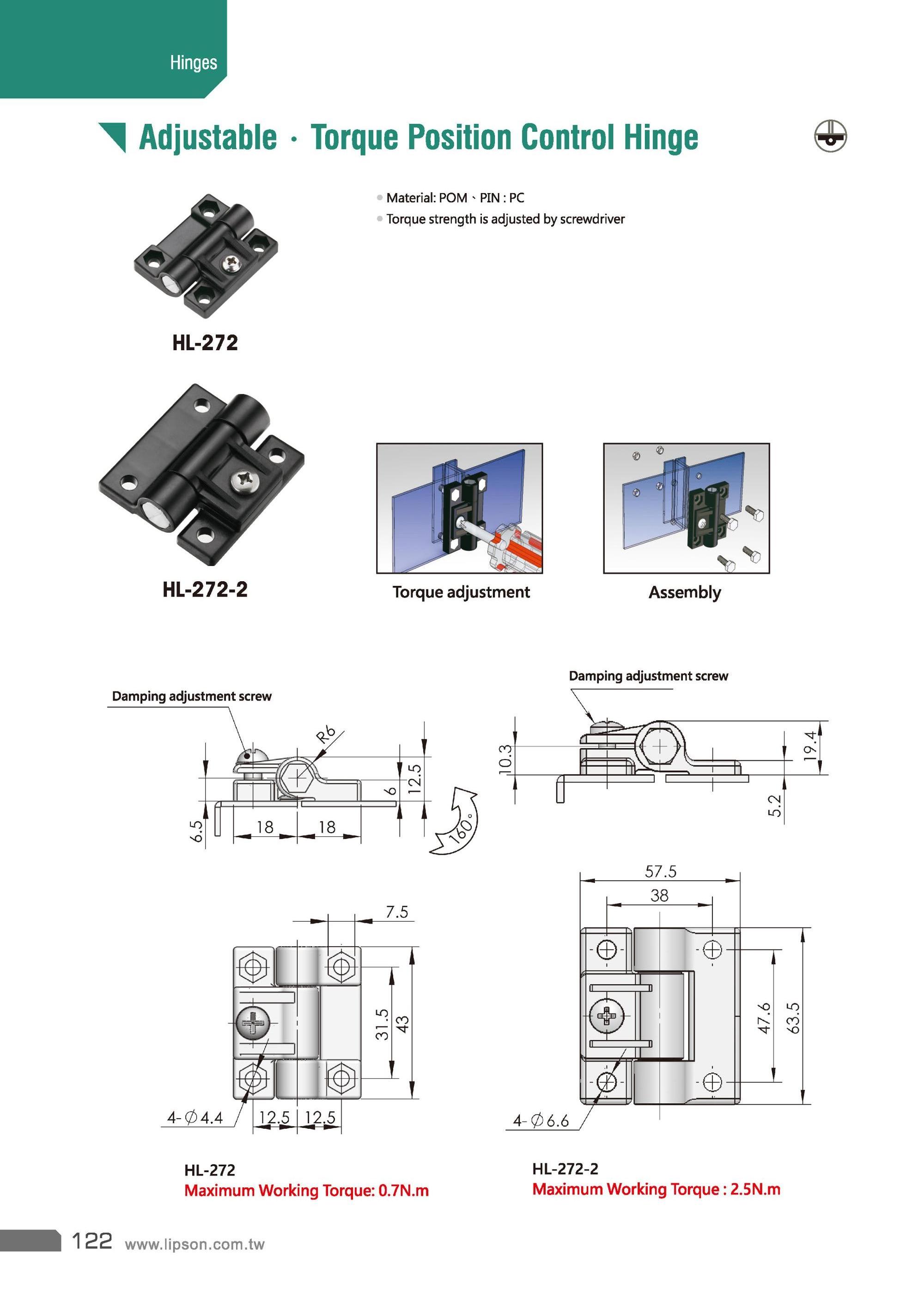 HL-272-2 Polyamide Plastic Screw Mount Angle Adjustable Torque Resistance Position Control Friction Industrial Hinge