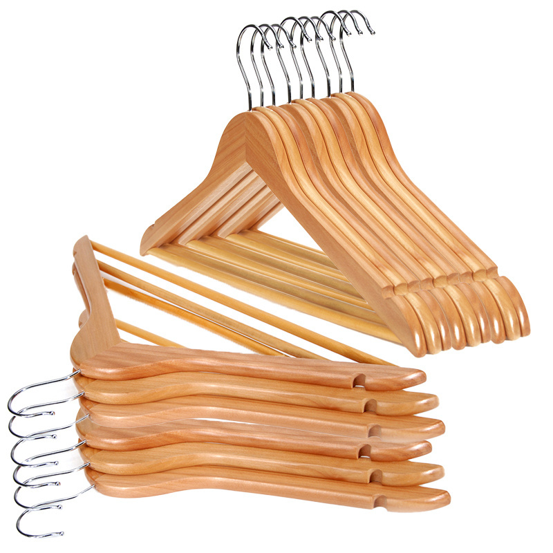 Solid Natural Wooden Suit Hanger with Non Slip Bar hangers for clothes