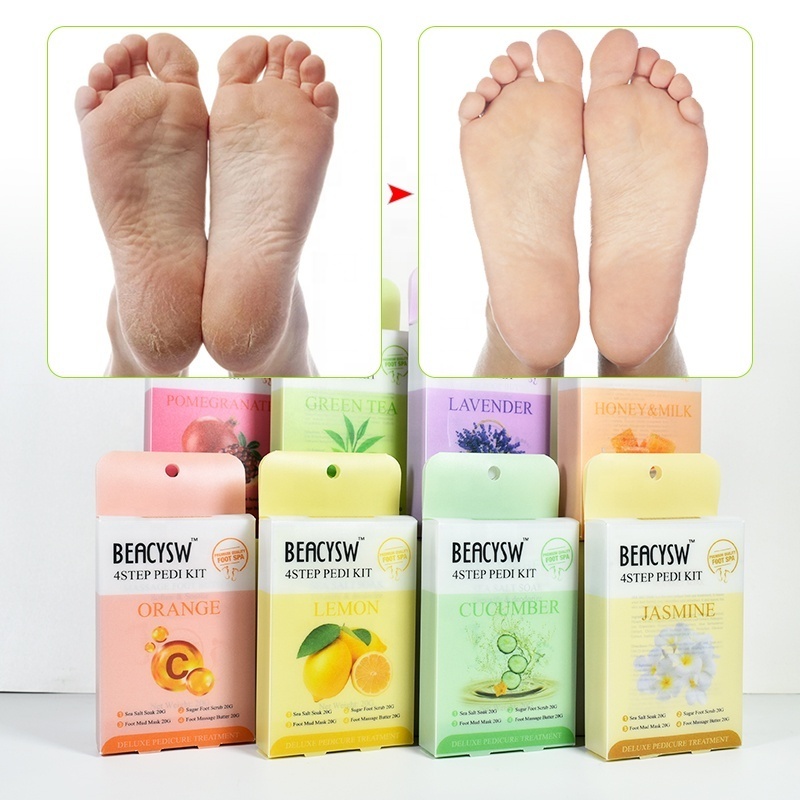 Green Tea Private Label Organic  Epsom Salt Foot Soak Foot Lotion Pedi Soak Dead Sea Sugar Salt Scrub 4 In 1 Foot Jelly Set