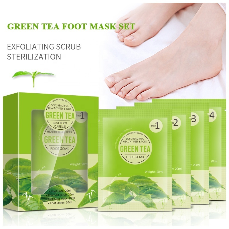 Private Label Natural Organic Green Tea Epsom Salt Foot Soak Foot Lotion Pedi Soak Dead Sea Salt Scrub 4 In 1 Foot Jelly Set