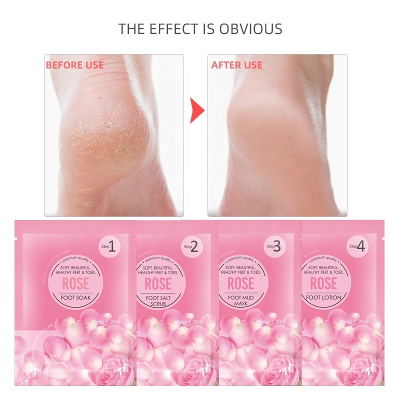 Private Label OEM 4 Steps Crystal Jelly Foot Bath Set 4 in 1 Rose Soothing Crystal Mud Pedi Jelly Foot Bath Spa Packets Pedicure