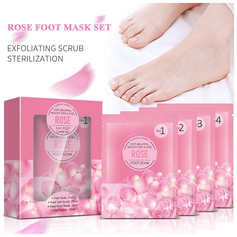 Private Label OEM 4 Steps Crystal Jelly Foot Bath Set 4 in 1 Rose Soothing Crystal Mud Pedi Jelly Foot Bath Spa Packets Pedicure