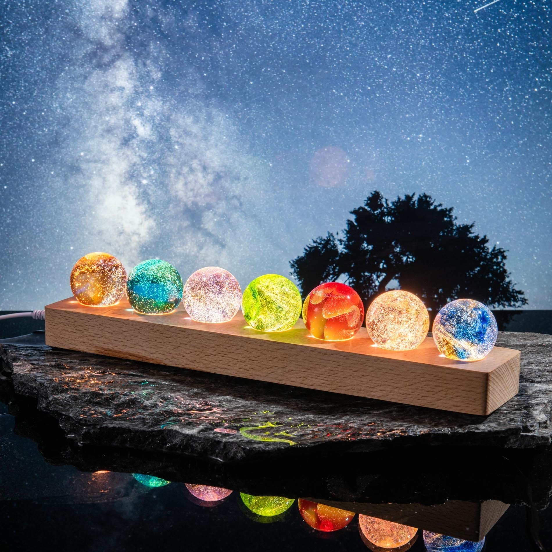 Crystal Planets Ball with Solid Wood Bottom Colorful Glass Beads Luminous Starry Night Light Artistic Holiday Gift