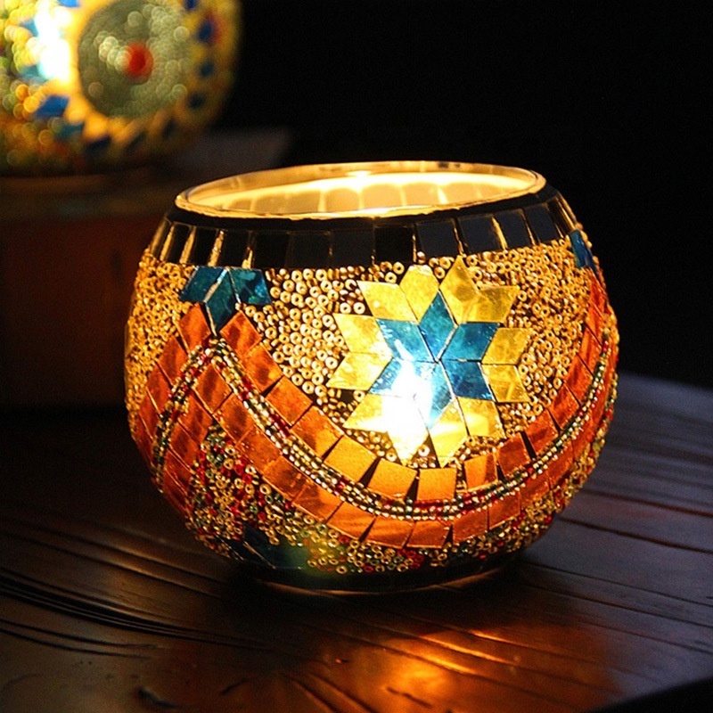 Amz Top Seller Handmade Stained Glass Beauties for Rustic Home Party Diwali Decorations Votive Tealight Mosaic Candle Holder