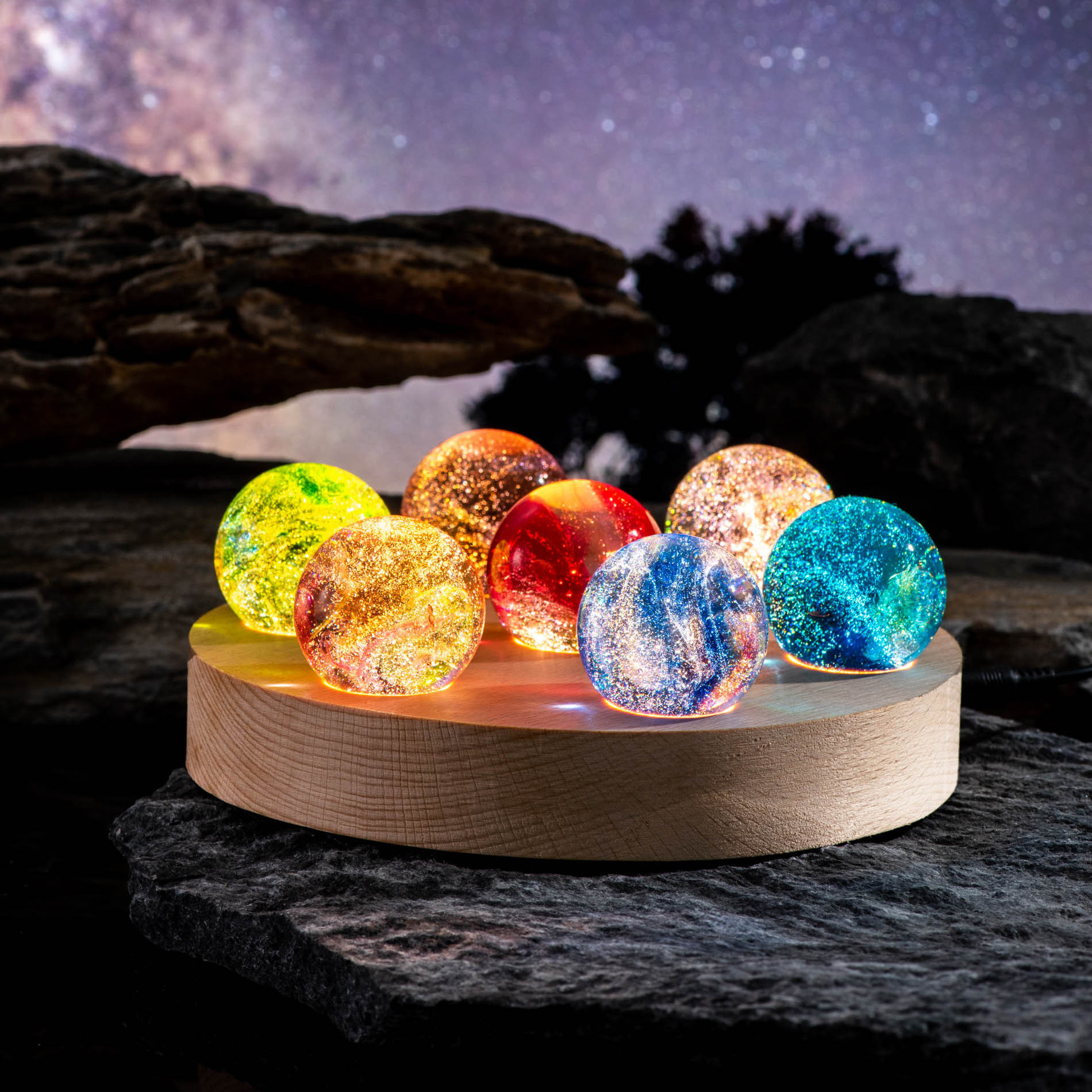 Crystal Planets Ball with Solid Wood Bottom Colorful Glass Beads Luminous Starry Night Light Artistic Holiday Gift