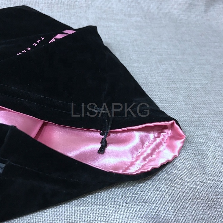 Custom Black velvet and satin double lined satin bags for wig hair bags for bundles