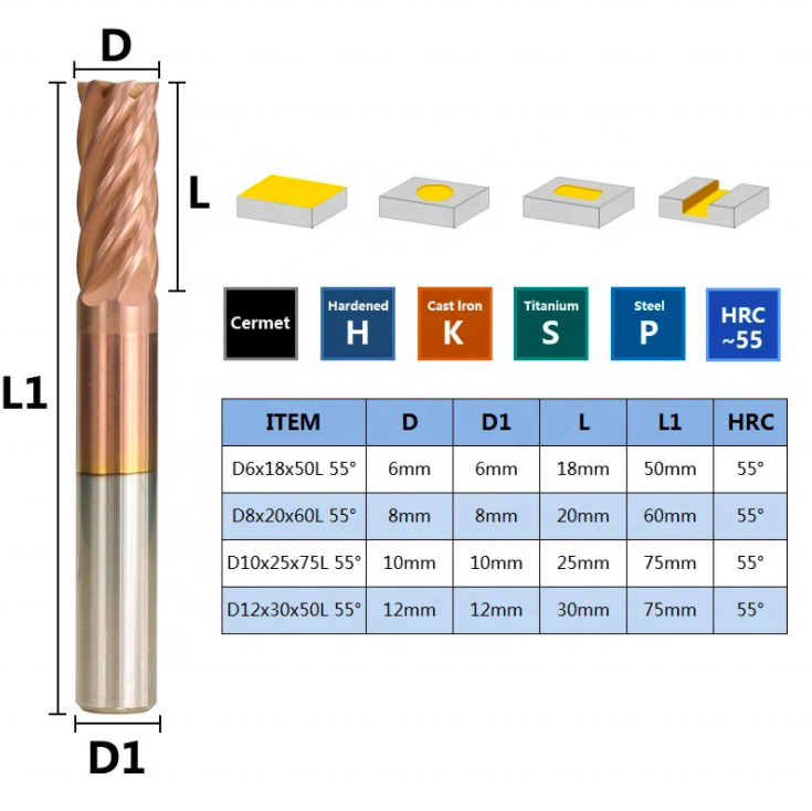 LISCA Carbide End Mill 6 Flute CNC Router Bit TiCN Coating HRC 55 End Mill 6/8/10/12mm Spiral End Milling Cutter