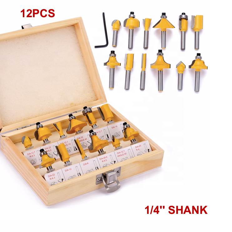 Kits003 12Pcs Set 1/4'' Shank Tungsten Carbide Tip cutter TCT Woodworking Wood Router Bit for Wood