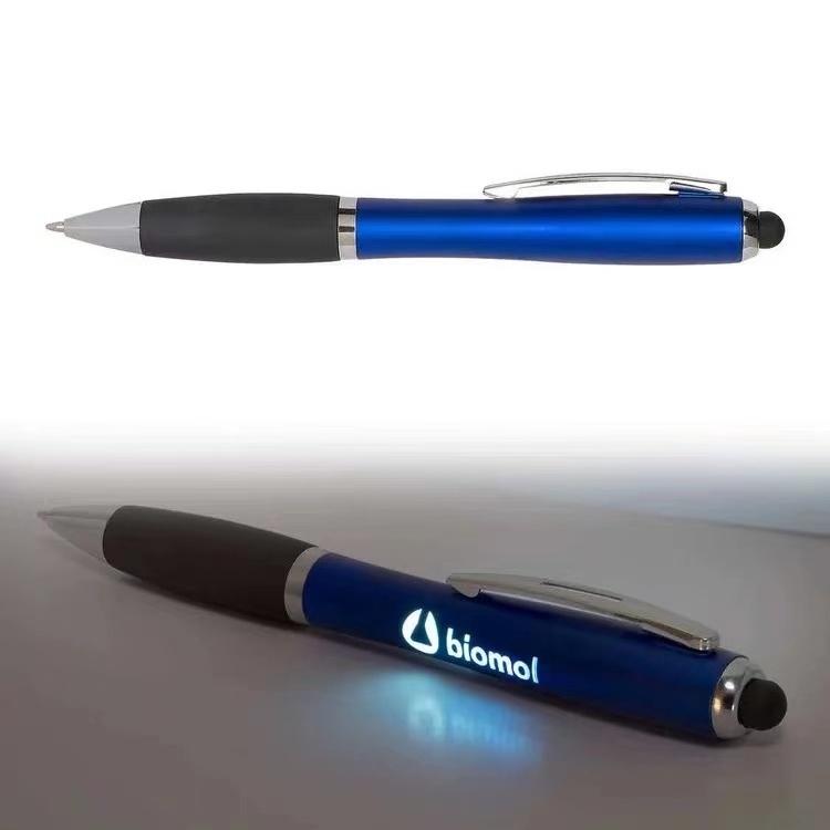 Stylo promotional pen laser enhraved logo custom led light up pens with stylus with custom light logo