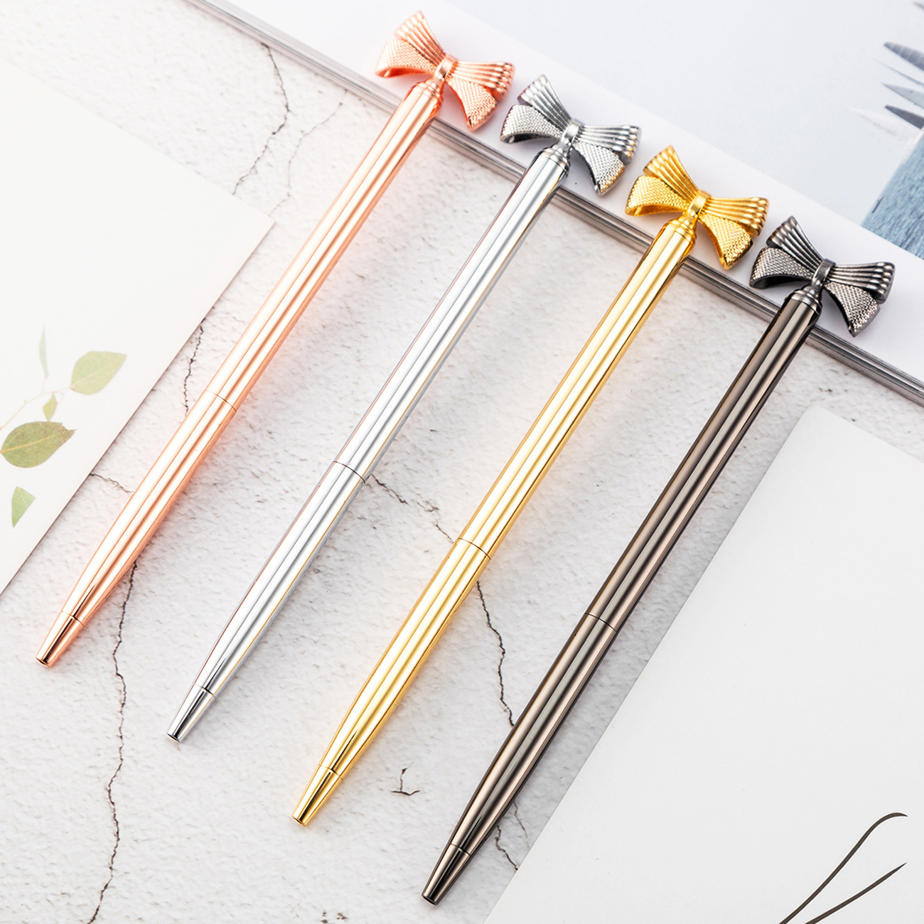 Lisen New creative small bow head twist metal pens laser logo rose gold cute girl gift pen