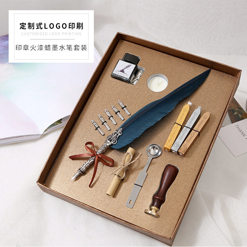 Magic school European retro classic natural feather writing quill pen set multicolor dip pen gift set with ink bottle