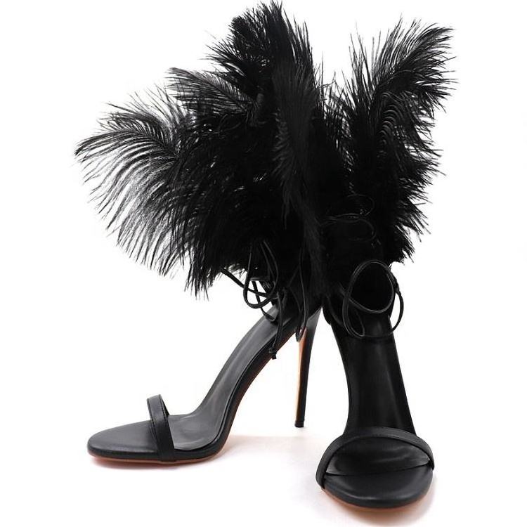 Xinzirain Custom Ladies Heels Sandal Open Toe Lace Up Black Feather Thin Heeled Sandals For Women