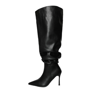 Xinzirain Winter Ladies Thigh High Buckle High Quality Pointy Toe Loose Fit Black Real Leather 8cm Stiletto Women Over Knee Boot