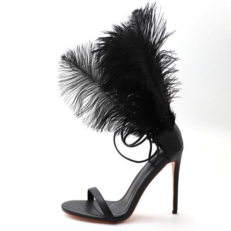 Xinzirain Custom Ladies Heels Sandal Open Toe Lace Up Black Feather Thin Heeled Sandals For Women