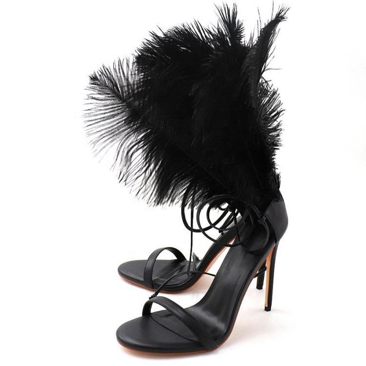 Xinzirain Custom Ladies Heels Sandal Open Toe Lace Up Black Feather Thin Heeled Sandals For Women