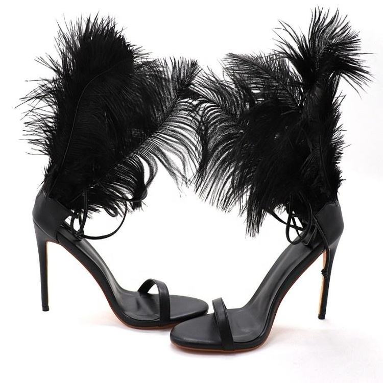 Xinzirain Custom Ladies Heels Sandal Open Toe Lace Up Black Feather Thin Heeled Sandals For Women