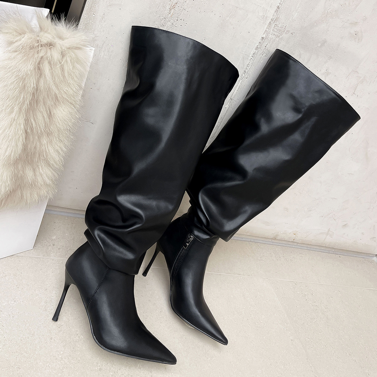 Xinzirain Winter Ladies Thigh High Buckle High Quality Pointy Toe Loose Fit Black Real Leather 8cm Stiletto Women Over Knee Boot