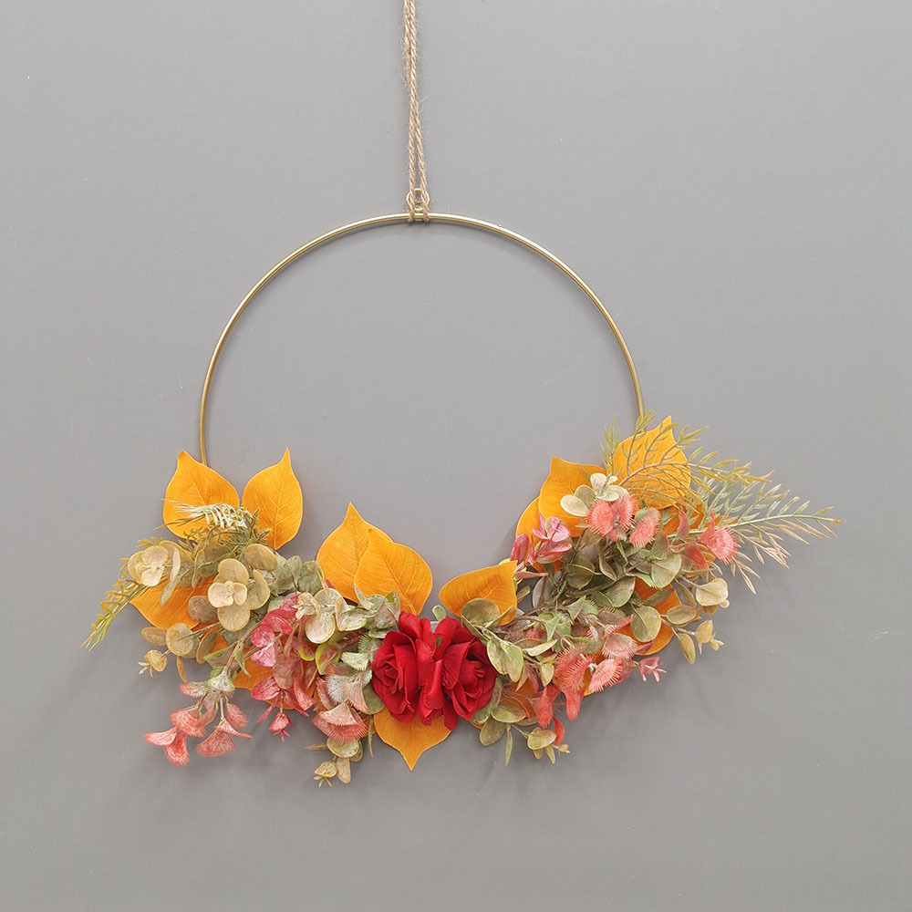 Floral Hoop Wreath, Artificial Flowers and Green Leaves Garland Metal Ring Wreath Hanging for Wedding Wall Decor Home Decoration