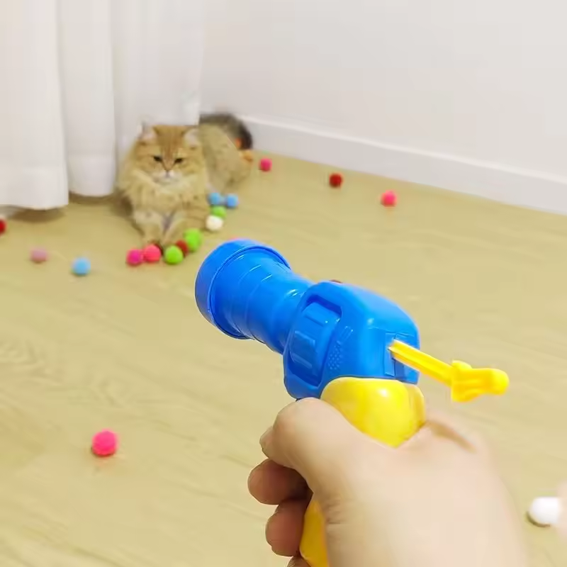 Cat Plush Toy Launching Gun Micro-elastic Soft Fuzzy Cat Toy Balls with Launching Gun Chew Ball Pet Cat Scratcher Toys