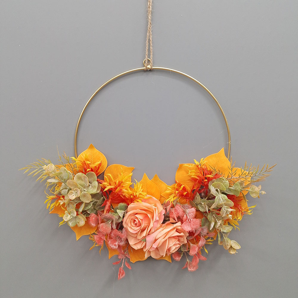 Floral Hoop Wreath, Artificial Flowers and Green Leaves Garland Metal Ring Wreath Hanging for Wedding Wall Decor Home Decoration